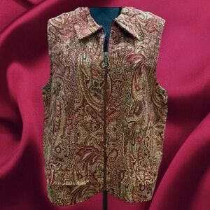 CHRISTOPHER & BANKS 2 PIECE BURGUNDY BEADED TAPESTRY VEST & SCARF SET SIZE X